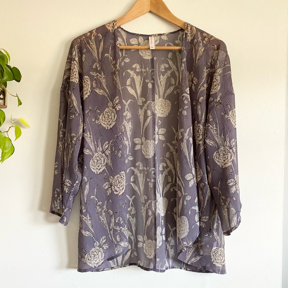 Purple & Cream Sheer Floral Kimono | Xhilaration